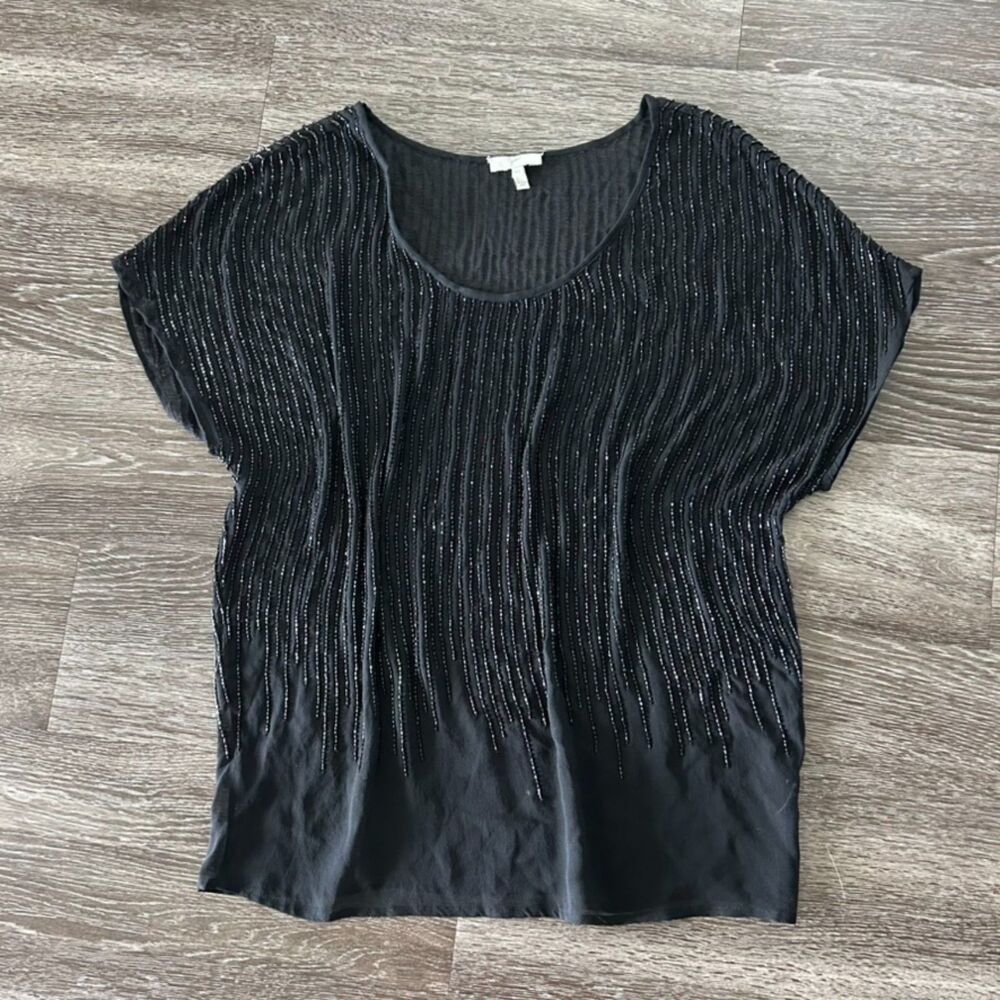 EUC Joie Black Beaded Sheer Silk Blouse Top XS Party Evening Glam Small